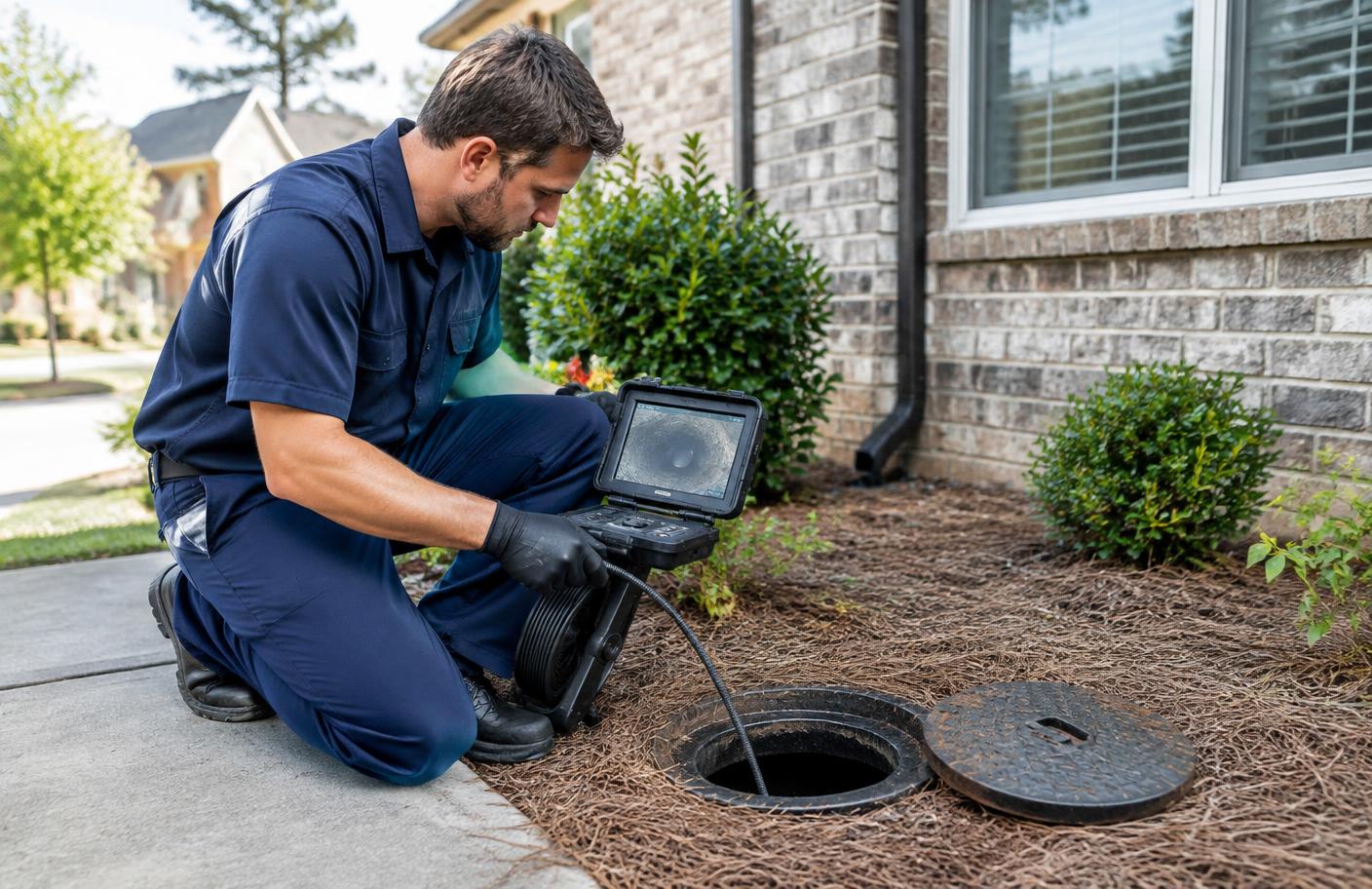 Professional plumber inspecting a residential sewer line