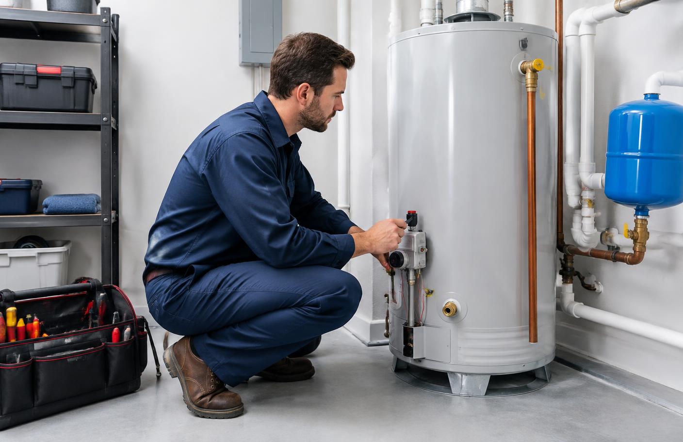 Professional plumber servicing a residential water heater